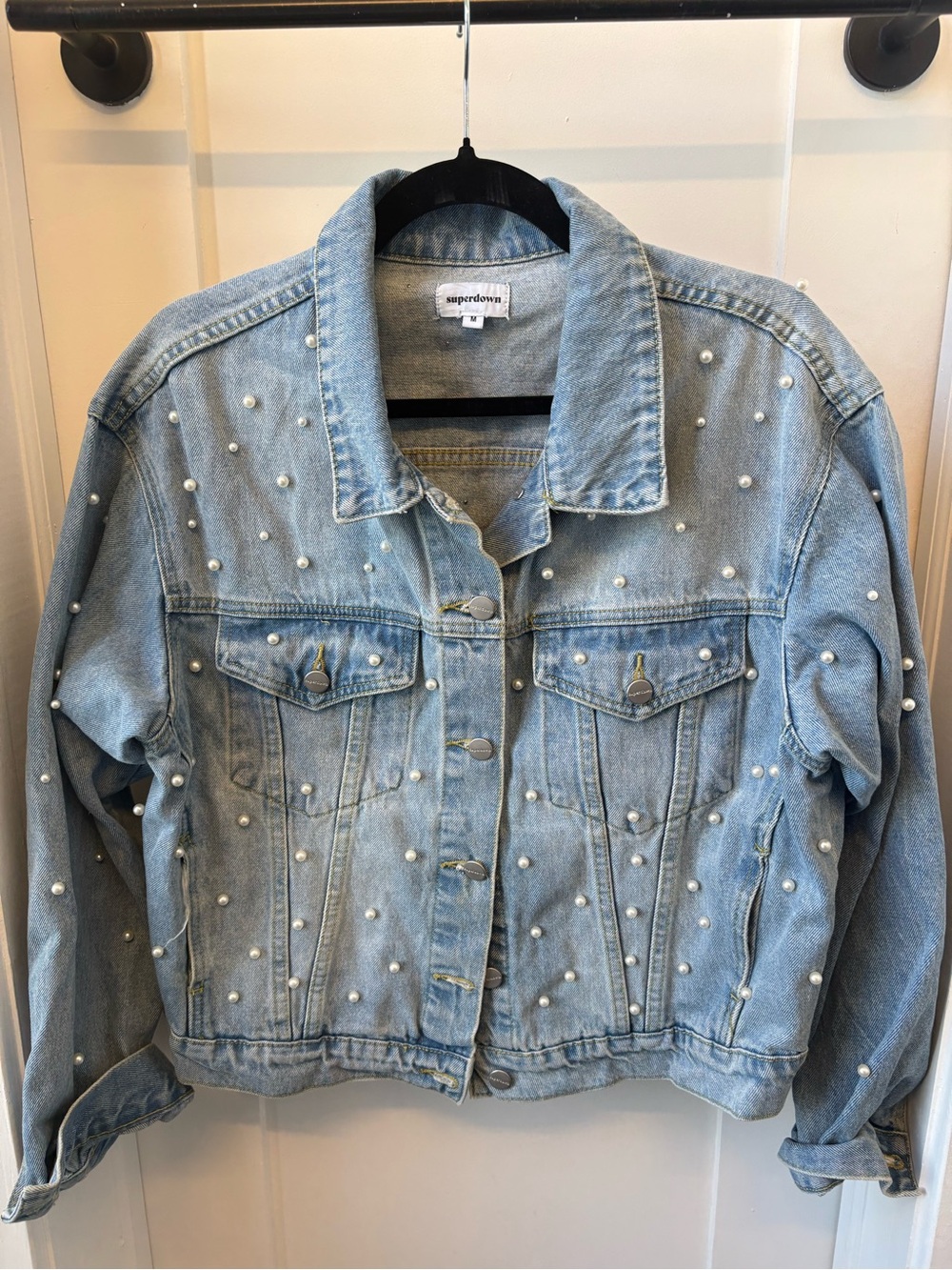 superdown Light Wash Pearl-Studded Denim Jacket